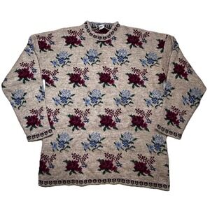 Vintage 90s Basic Editions Floral Knit Sweater Made USA Cottagecore Womens S